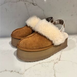 UGG Brown and Cream Shearling Platform Mules
